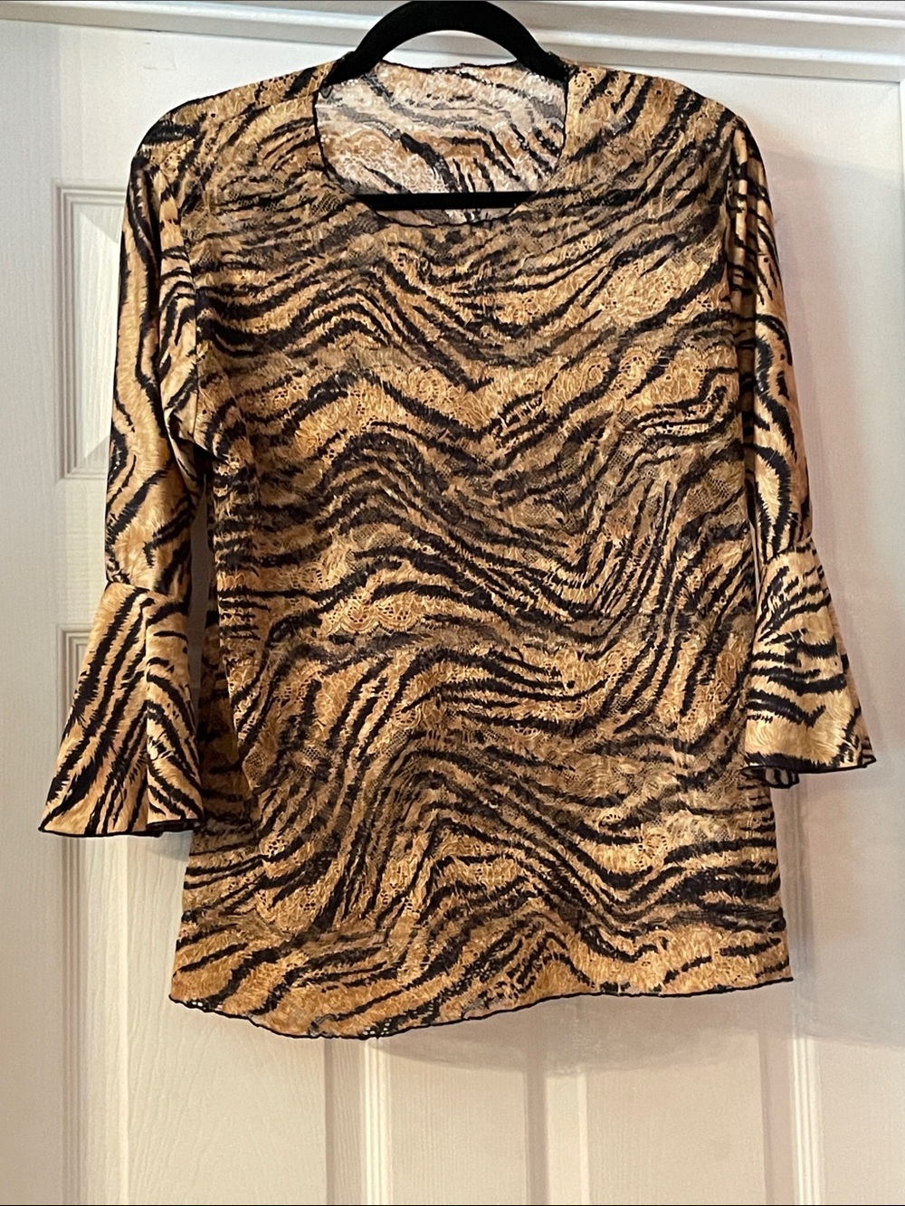 Vintage Animal Print Bell-Sleeve Top - Gold/Black